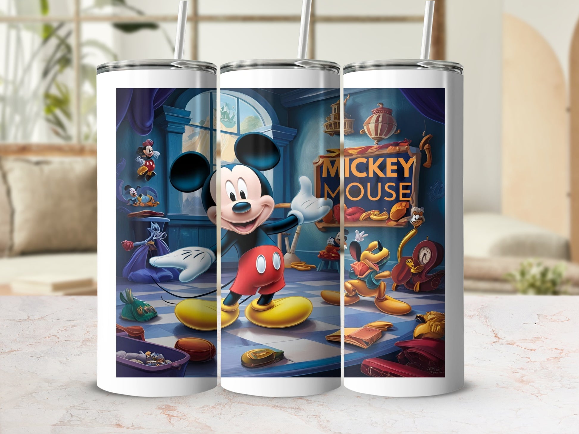 Mickey Mouse character on a white tumbler with a blue and yellow patterned background.