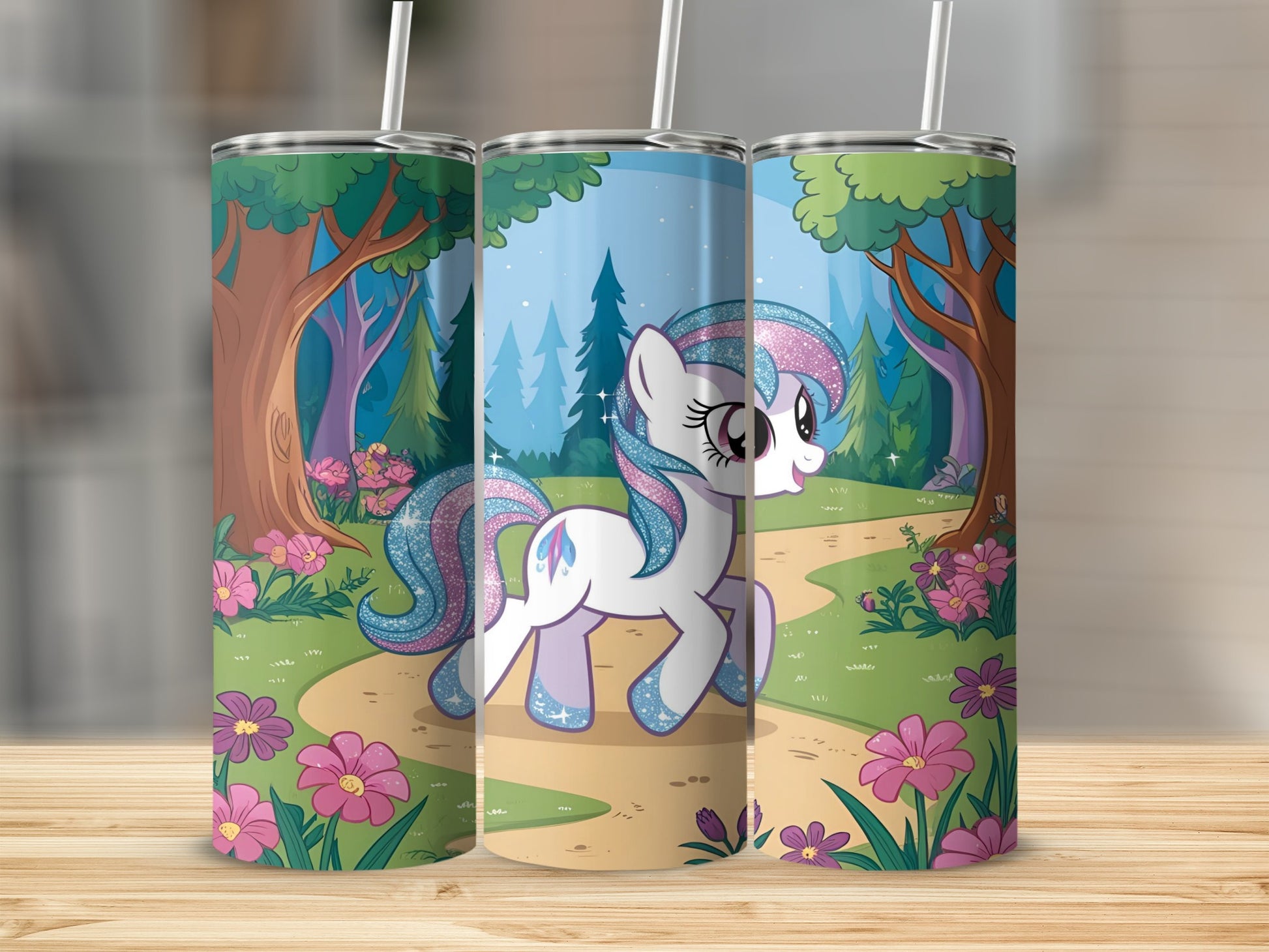 Cartoon unicorn with colorful mane and tail on a path.