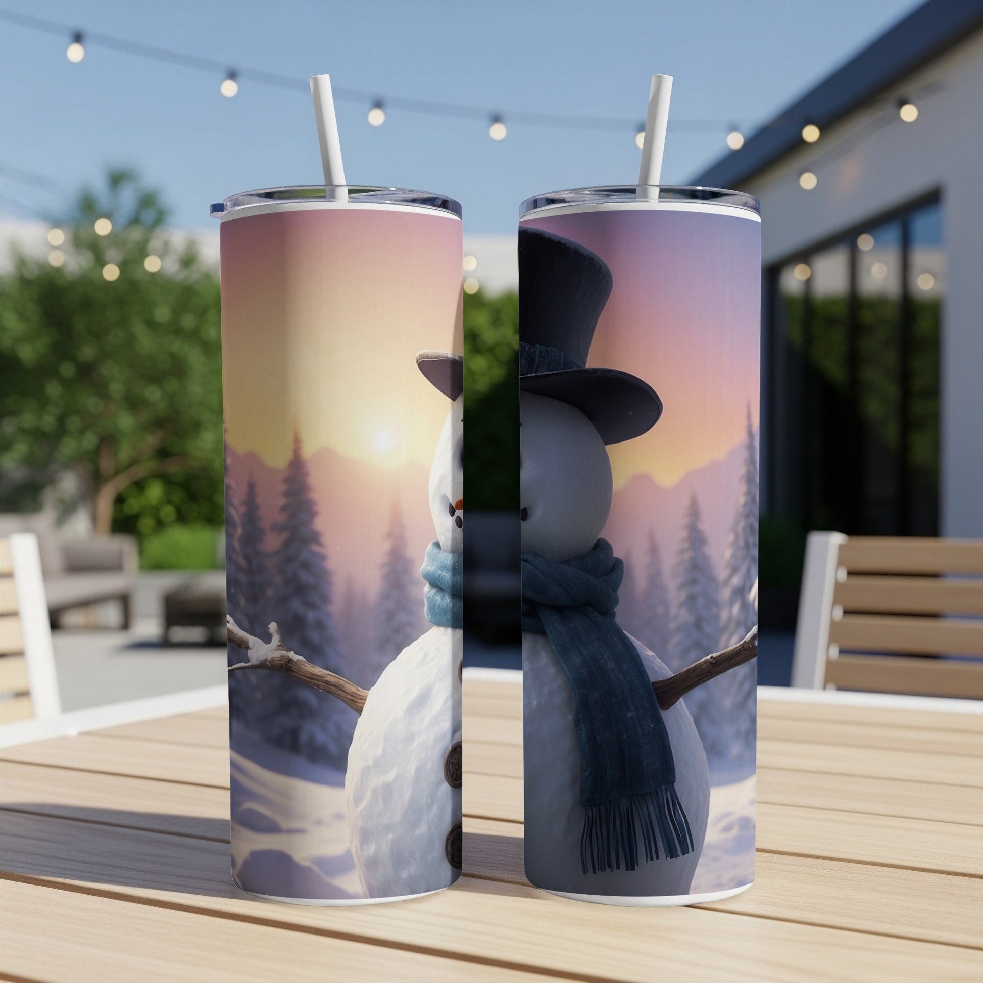 Two snowmen with top hats and scarves against a winter sunset.