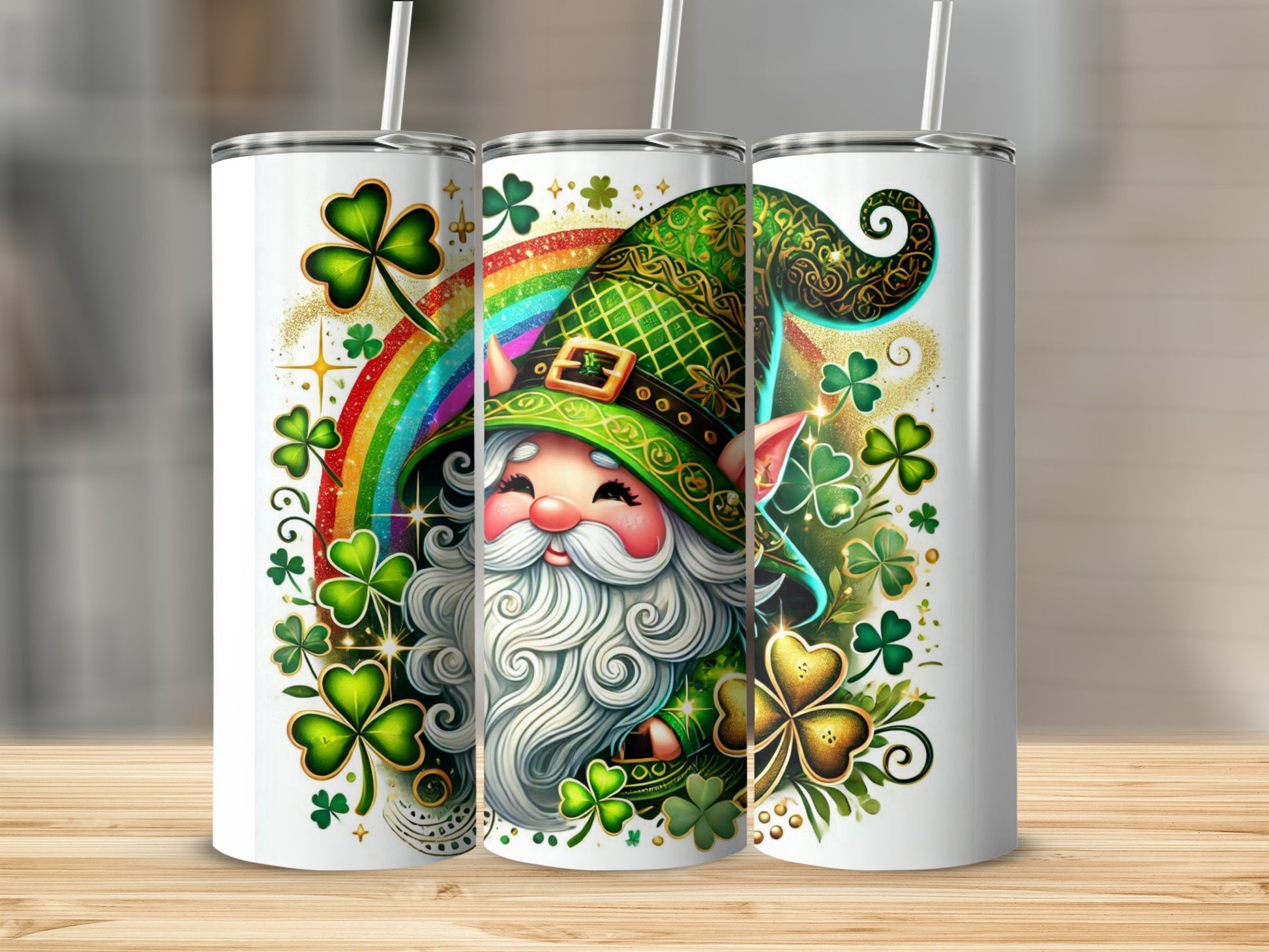 St. Patrick's Day gnome with rainbow and shamrocks on white tumblers.