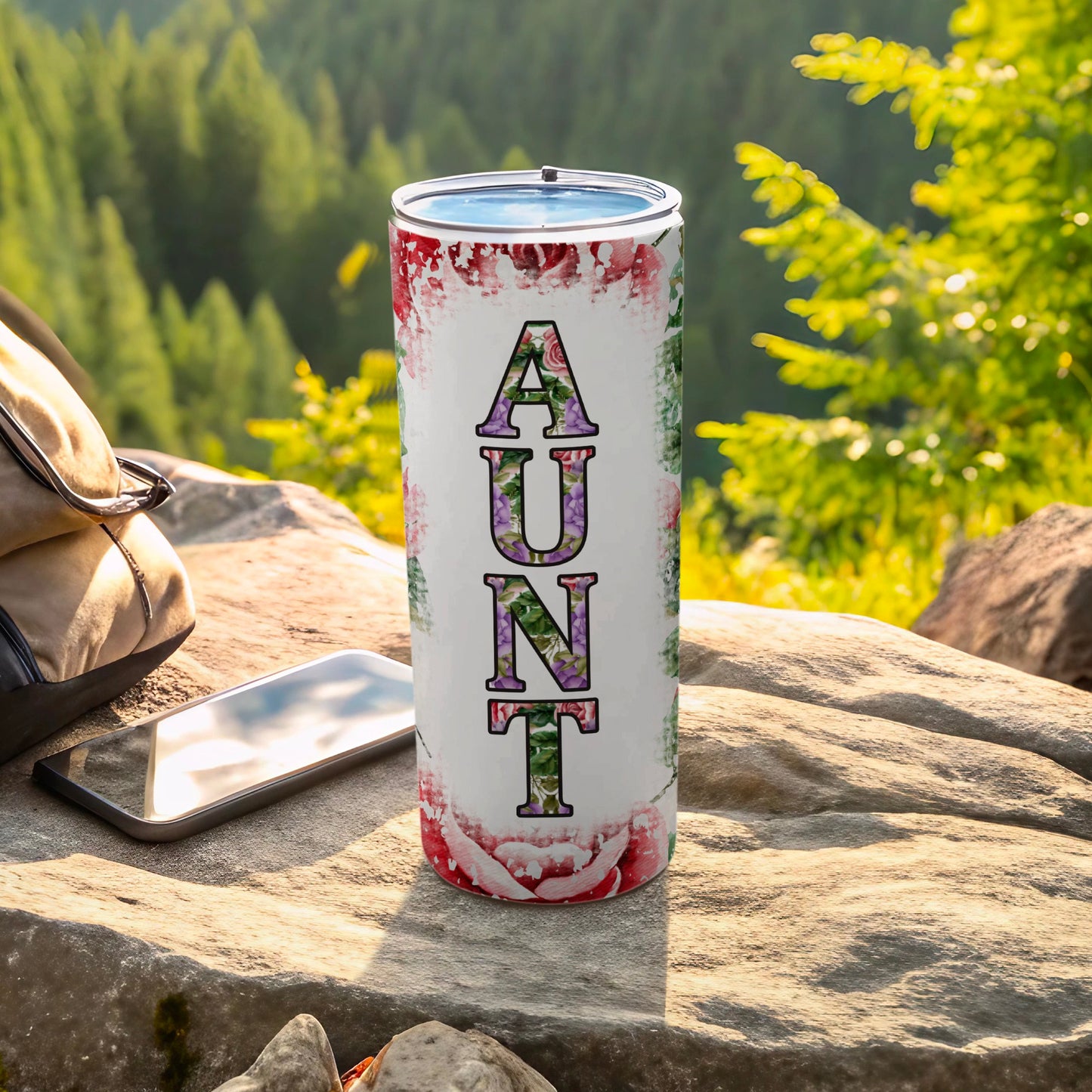 Gorgeous floral AUNT pattern travel tumbler product type