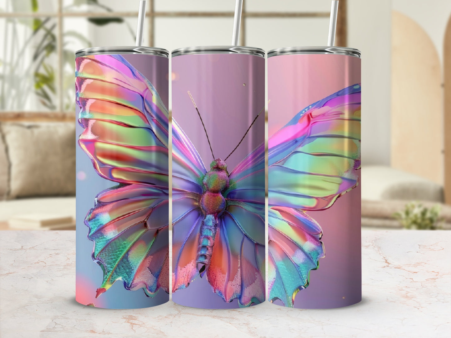 Three tumblers with iridescent butterfly wings design.