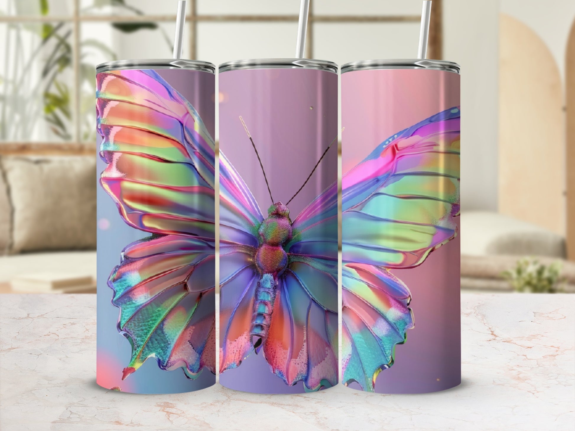 Three tumblers with iridescent butterfly wings design.