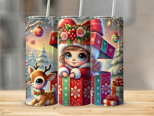 Festive Holiday-Themed Tumbler with Cute Reindeer Design