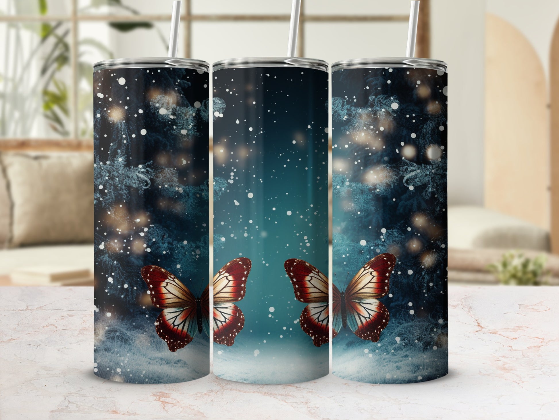 Three tumblers with a dark blue background and white glowing snowflakes.