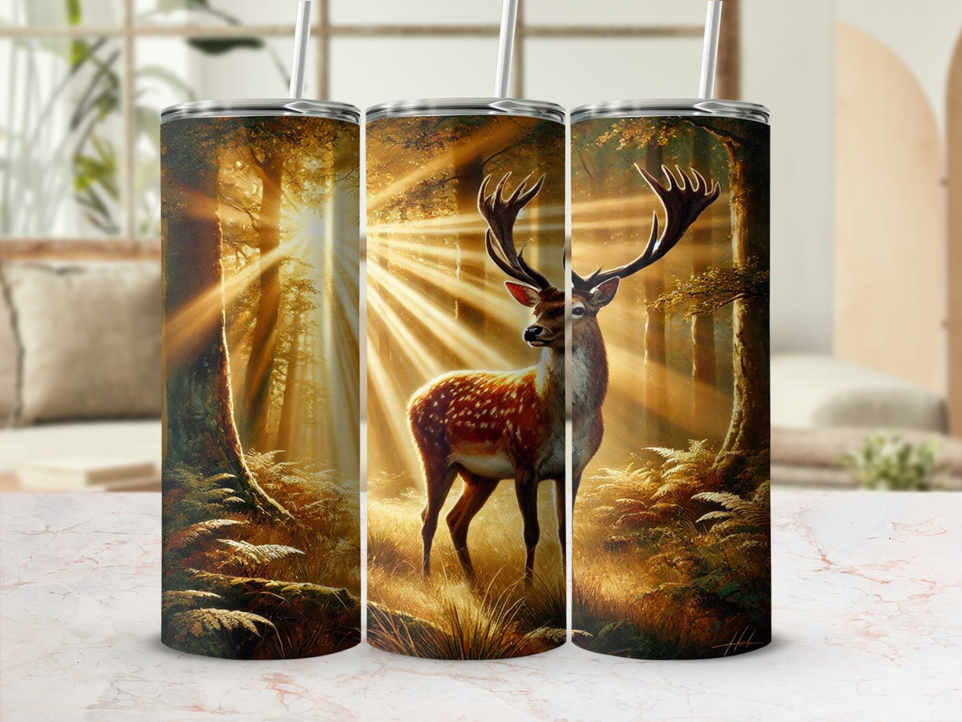 Majestic Deer in Forest Sunlight Tumbler Cup Design