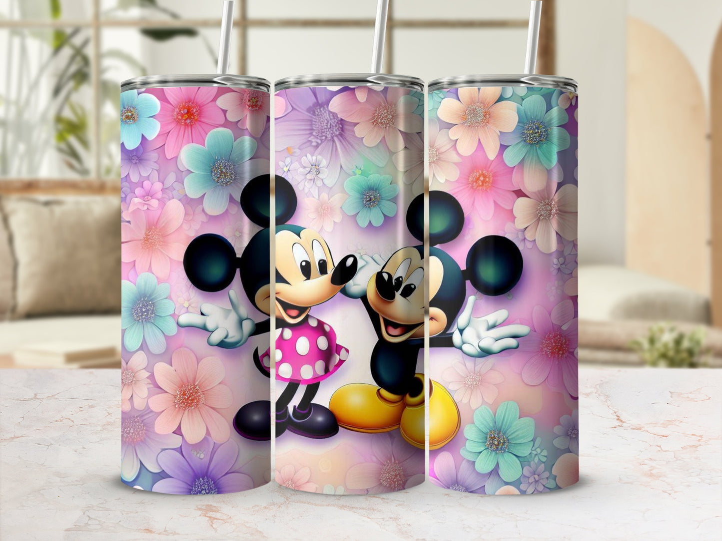 Playful Mickey and Minnie Floral Designed Tumbler