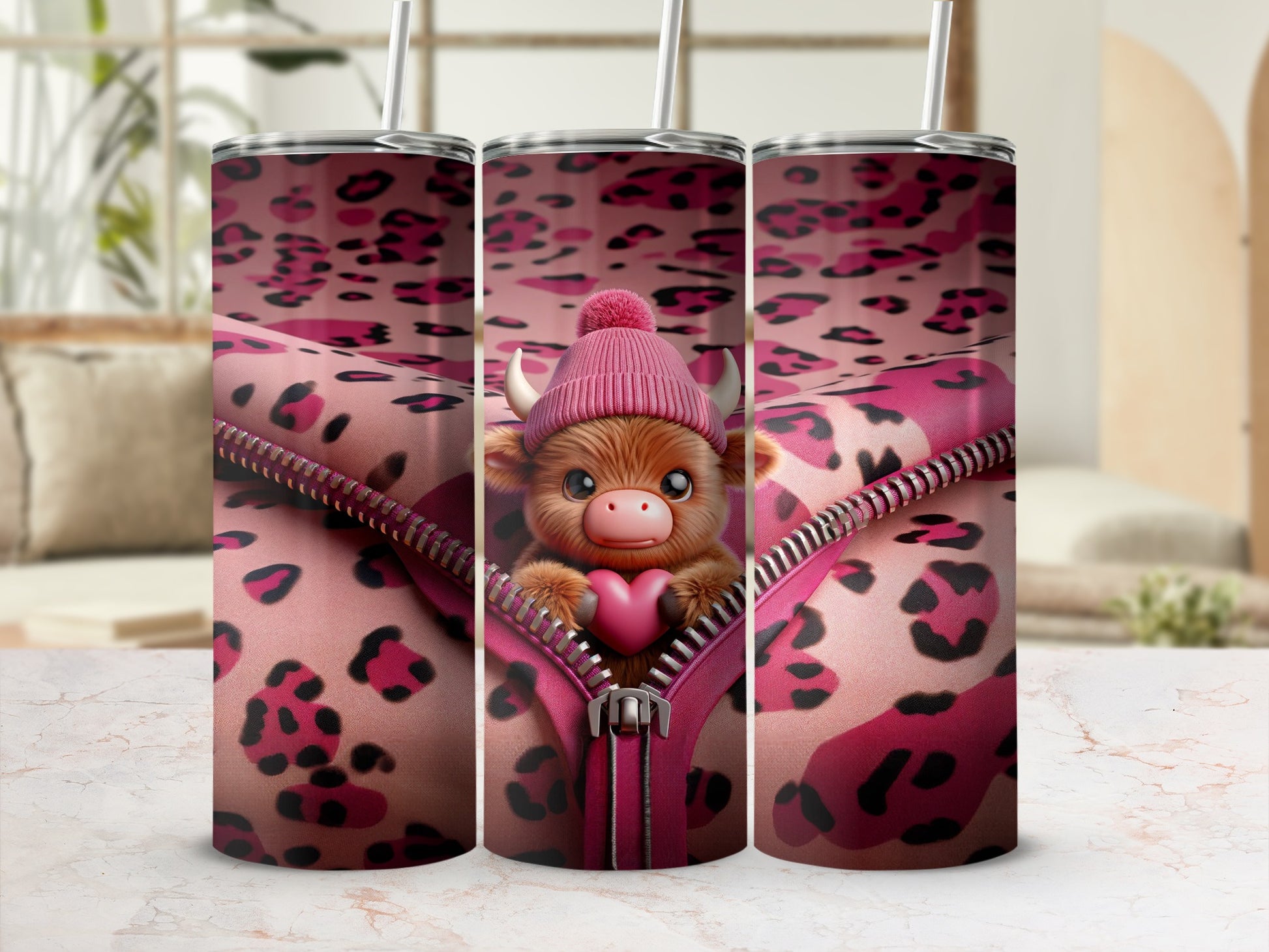 Pink leopard print tumbler with zipper and cute cow character.