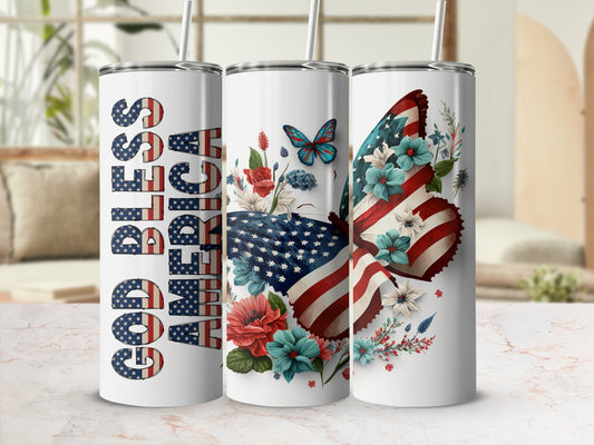 USA flag butterfly design with "God Bless America" text on tumblers.