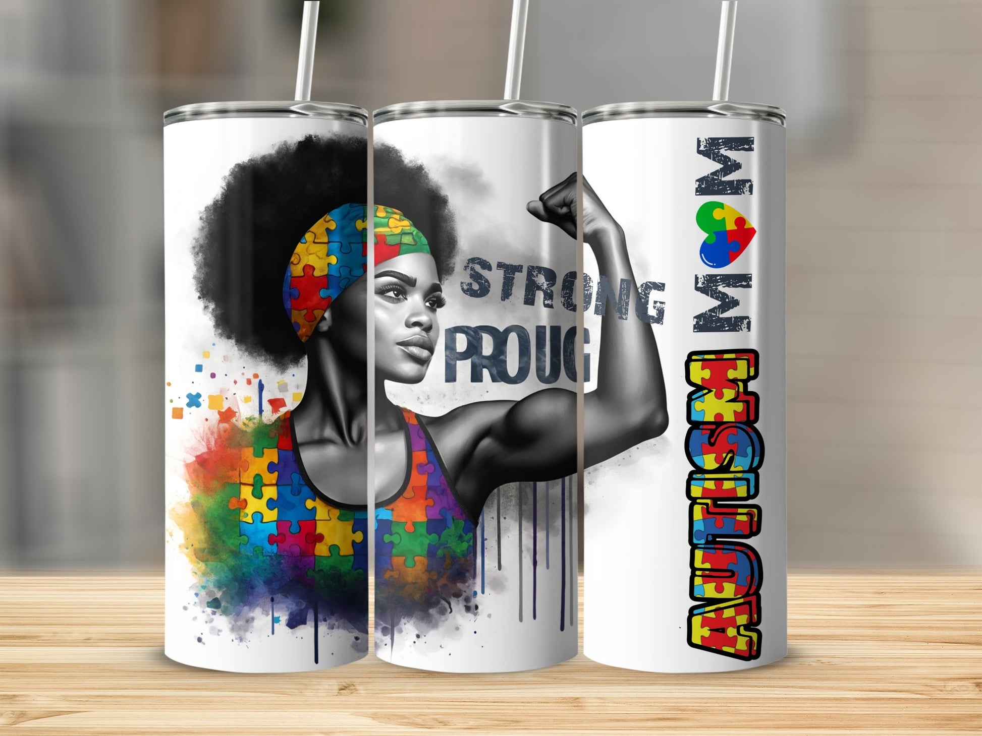 Mom Autism awareness design on a tumbler cup.