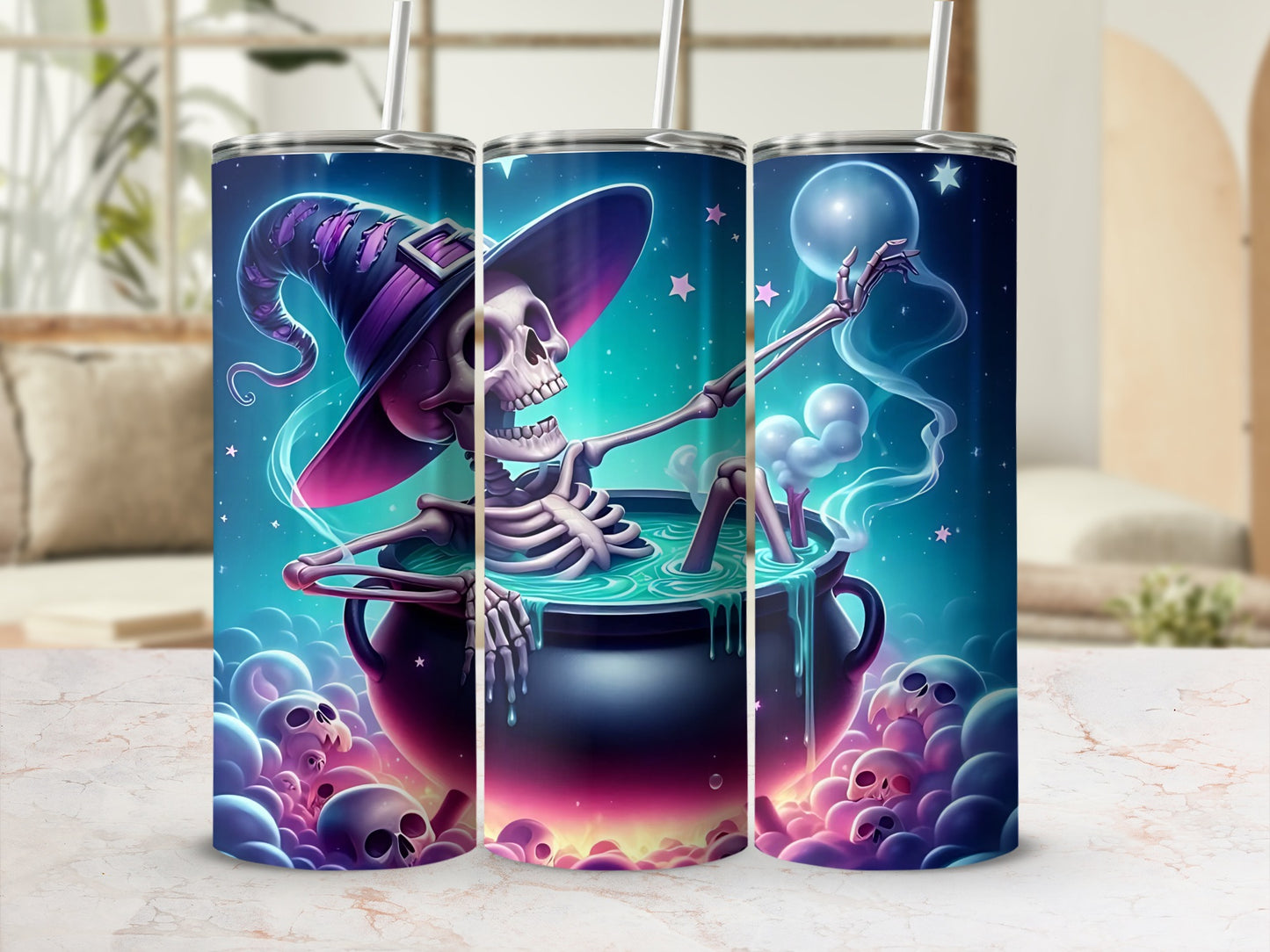 Skeleton in witch hat soaking in cauldron surrounded by skulls and bubbles.