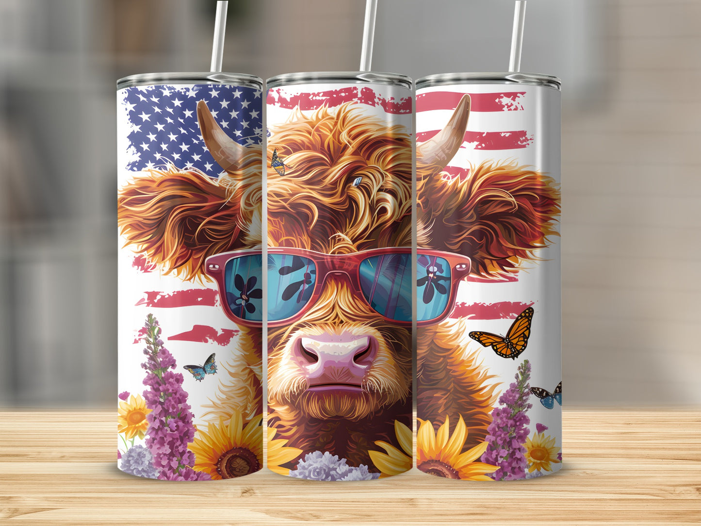 Highland cow wearing sunglasses with American flag background and floral accents.