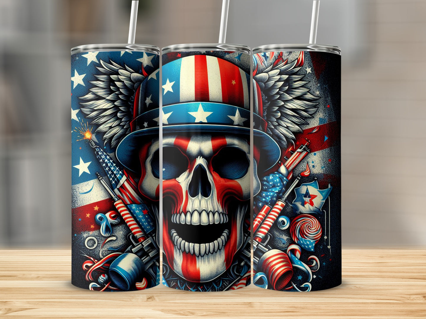 Skull wearing a patriotic hat with guns and fireworks.