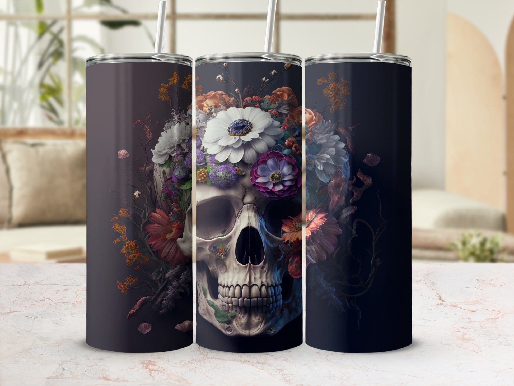 Floral Skull Design Stainless Steel Tumbler