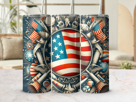 Tall tumbler with American flag and patriotic star and stripe design.