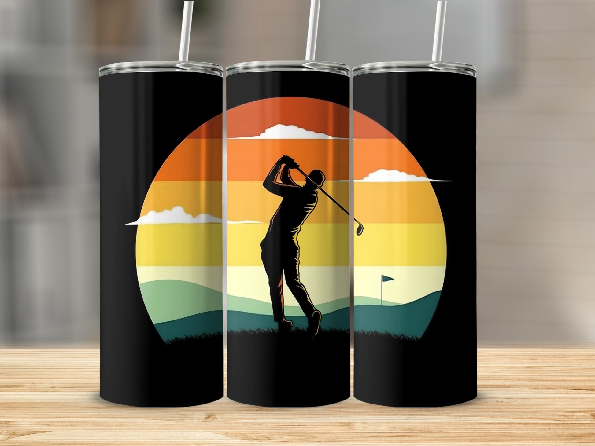 Sunset Silhouette Golf Tumbler with Colorful Background