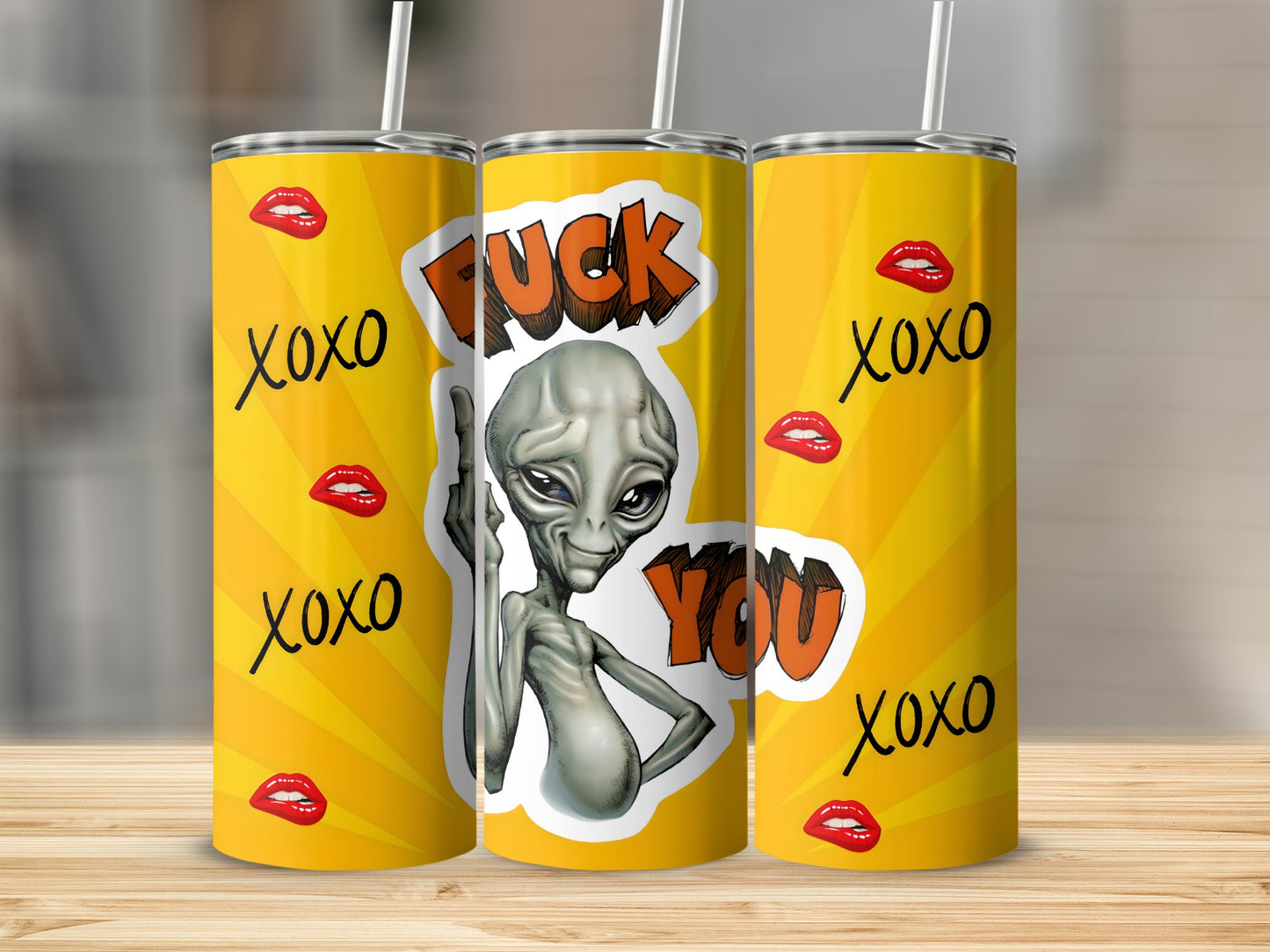Funny Alien XOXO Design with Yellow Background tumbler
