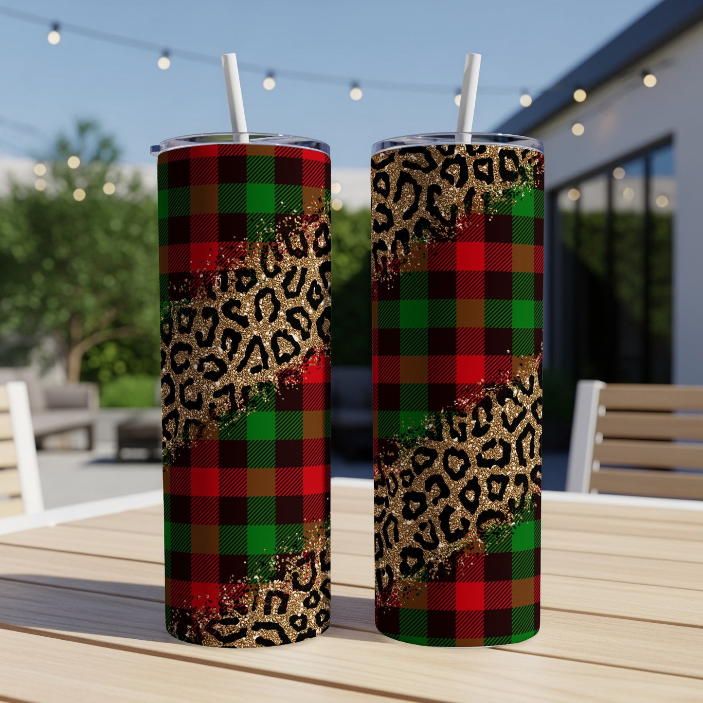 Two tumblers with plaid and leopard print designs, one with a straw.