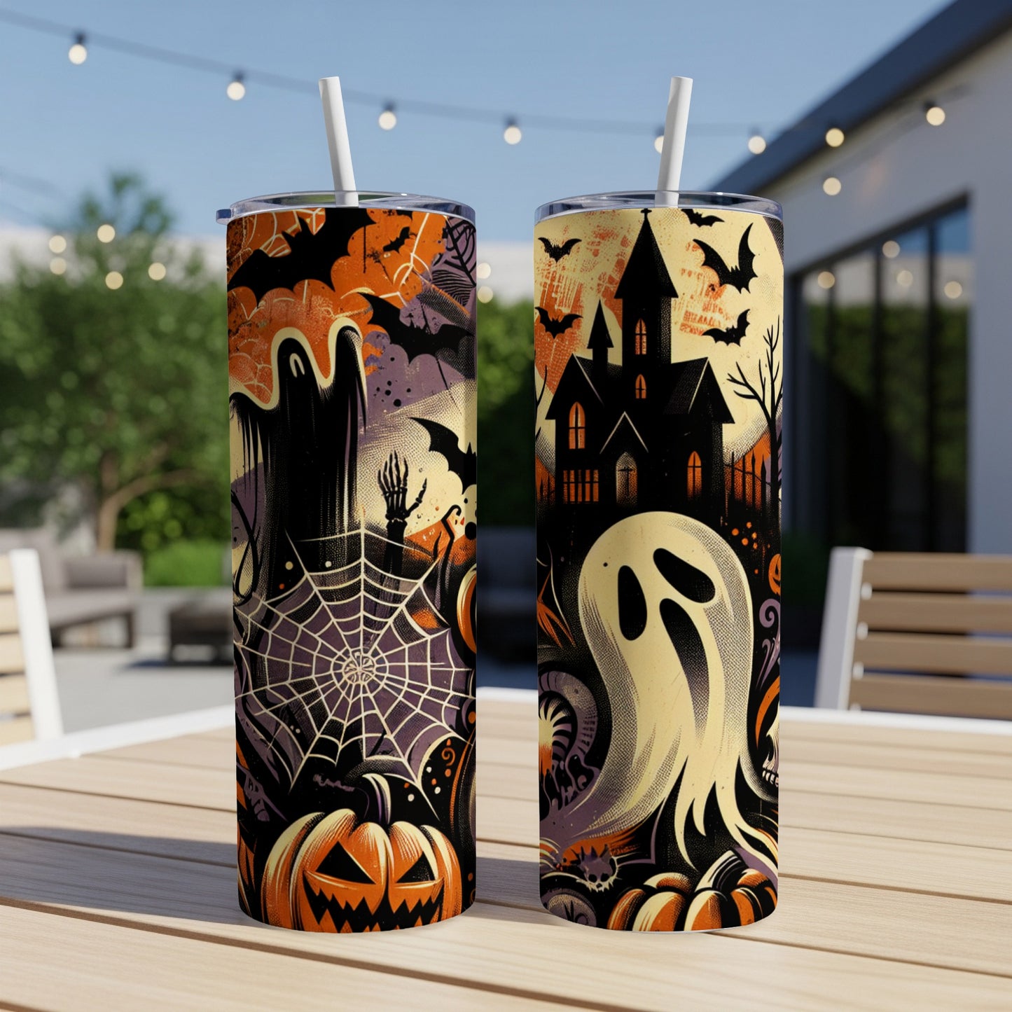 Two Halloween themed tumblers featuring ghosts, bats, pumpkins, haunted houses, and spiderwebs.