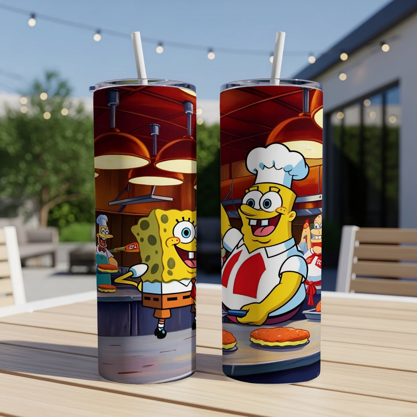 SpongeBob SquarePants and Patrick Star in Krusty Krab kitchen with burgers.