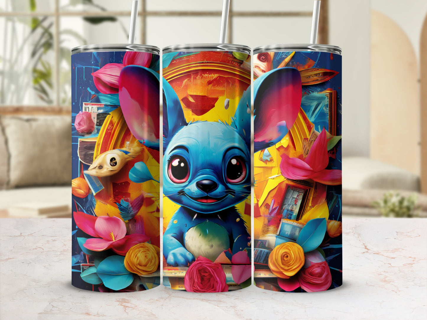 Blue Stitch character with colorful flowers on a tumbler.