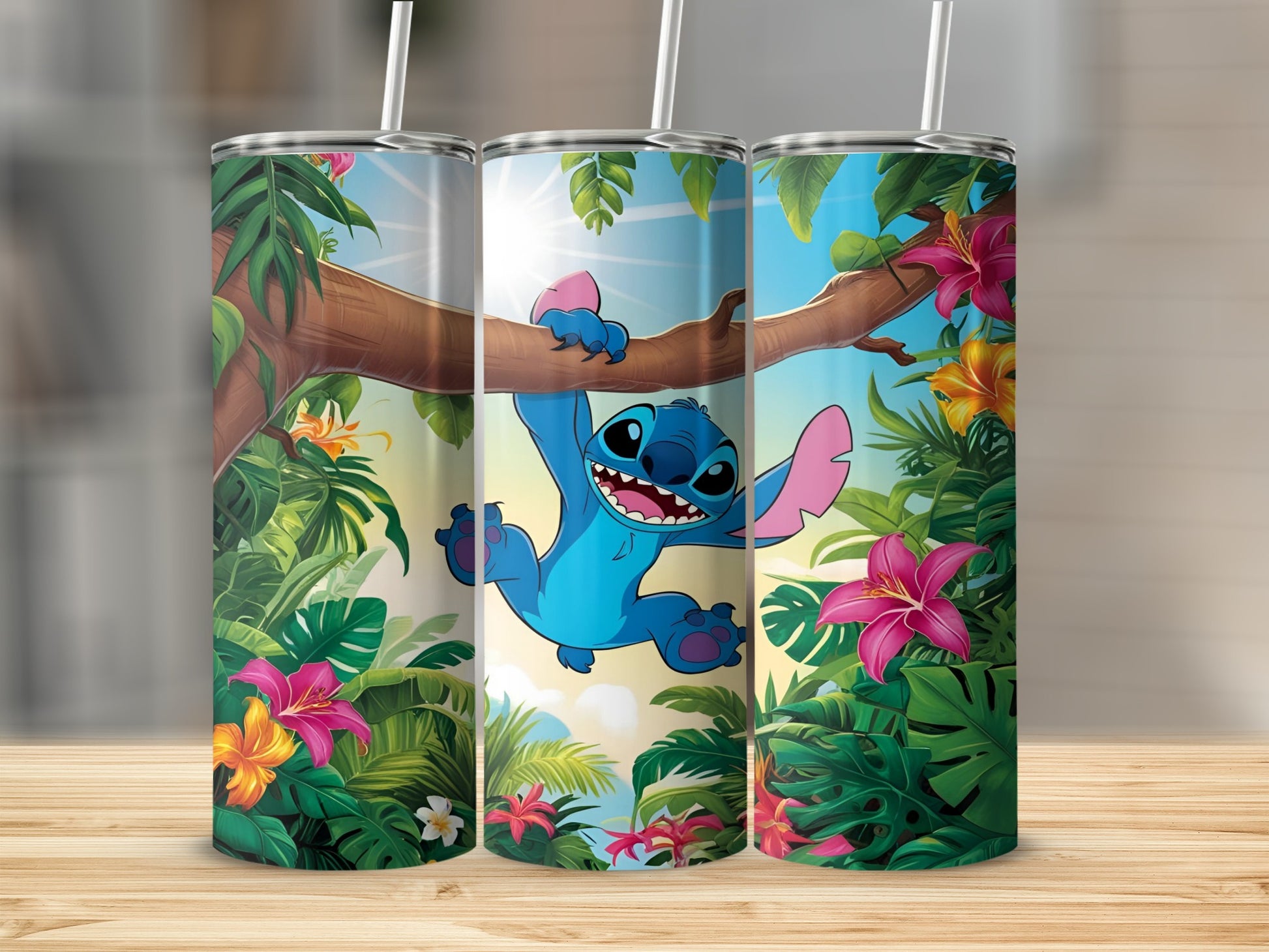 Stitch hanging from a tree branch surrounded by tropical flowers and leaves.