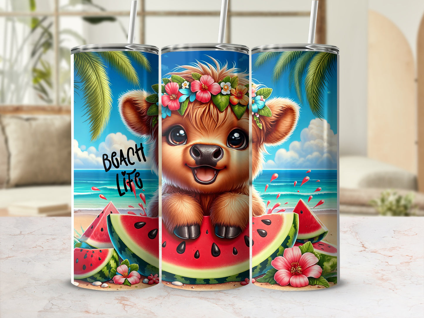 Cute cow in watermelon, beach, and flower wreath.