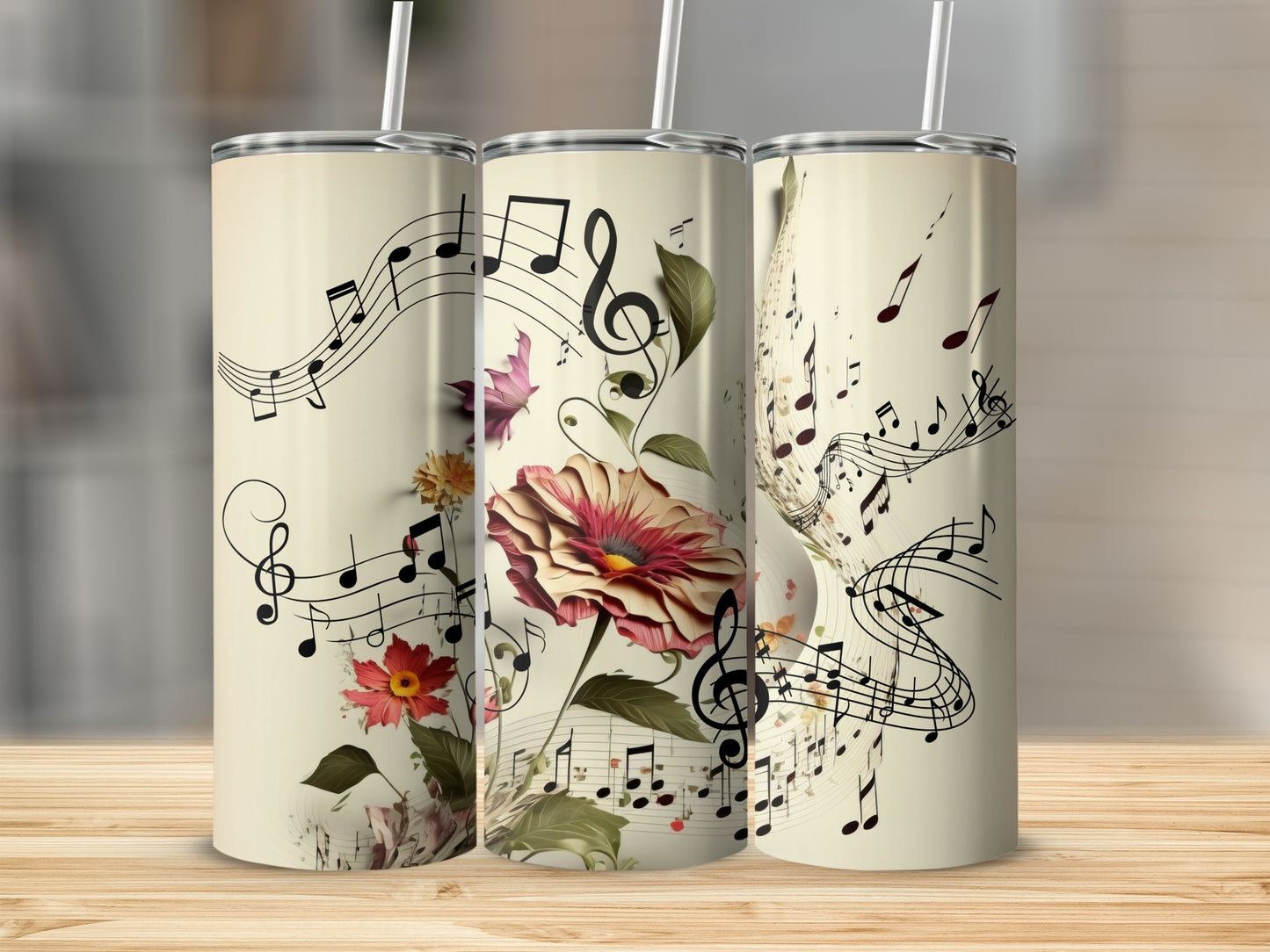 Floral Musical Notes Design Double-Walled Tumbler