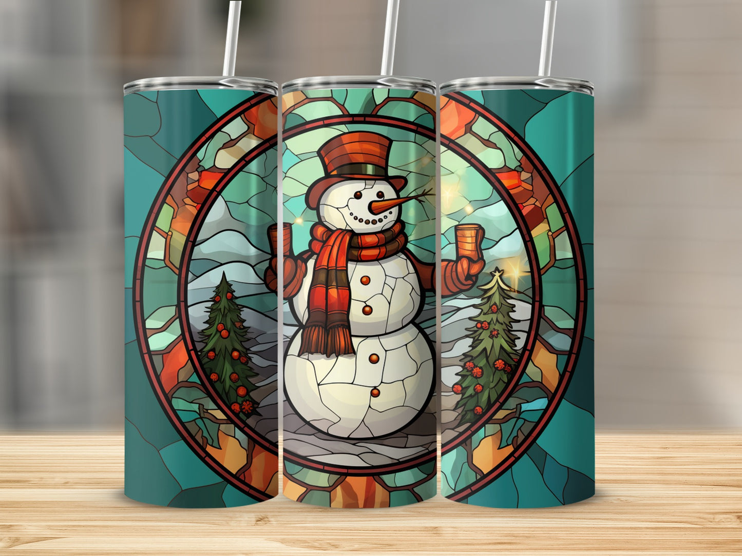 Stained glass snowman tumbler with trees and snowy background.