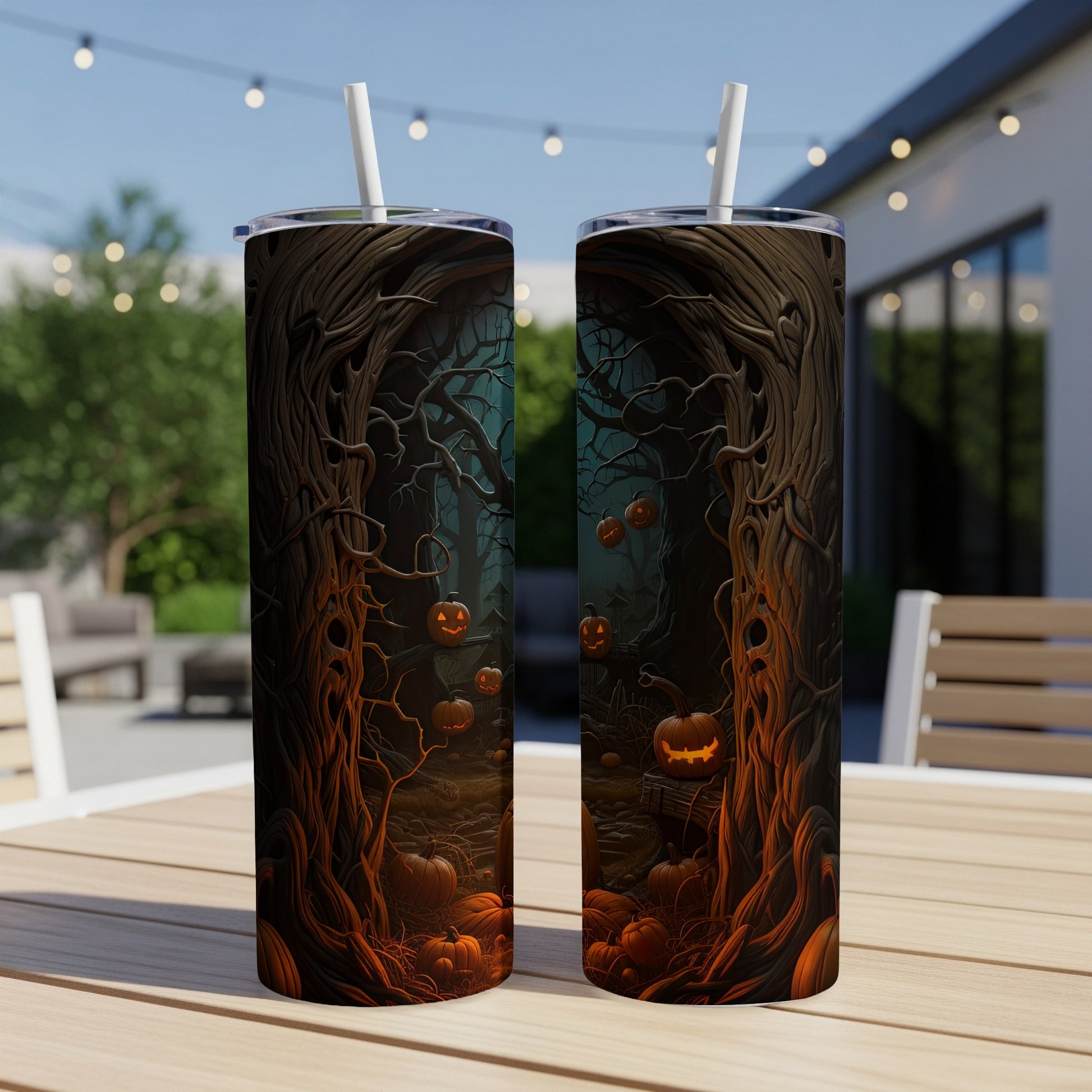 Two Halloween-themed tumblers with spooky forest and jack-o'-lanterns.
