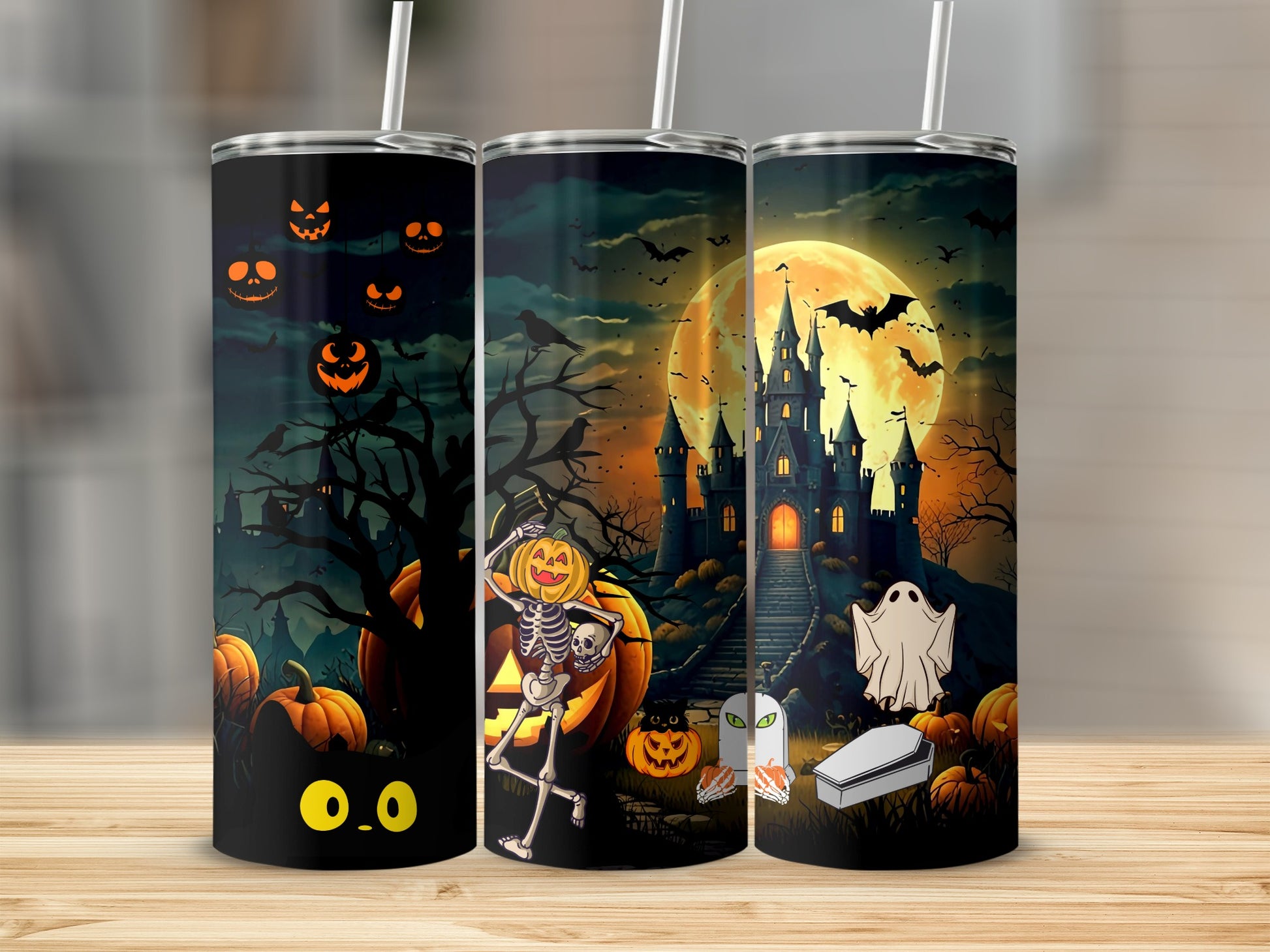 Spooky Halloween Castle Scene with Pumpkins and Ghosts Product