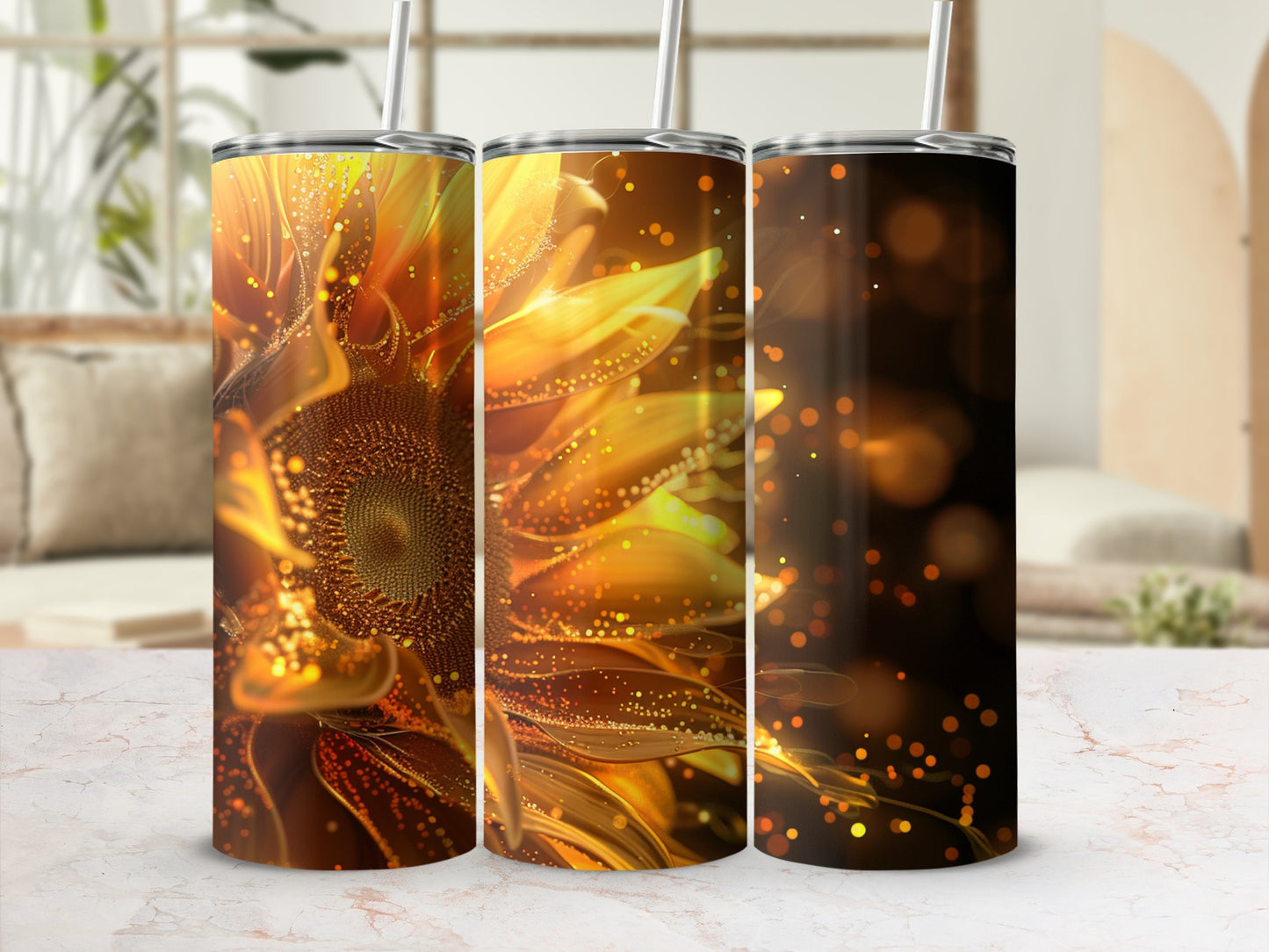Triptych of sunflowers with sparkling bokeh lights on a tumbler.