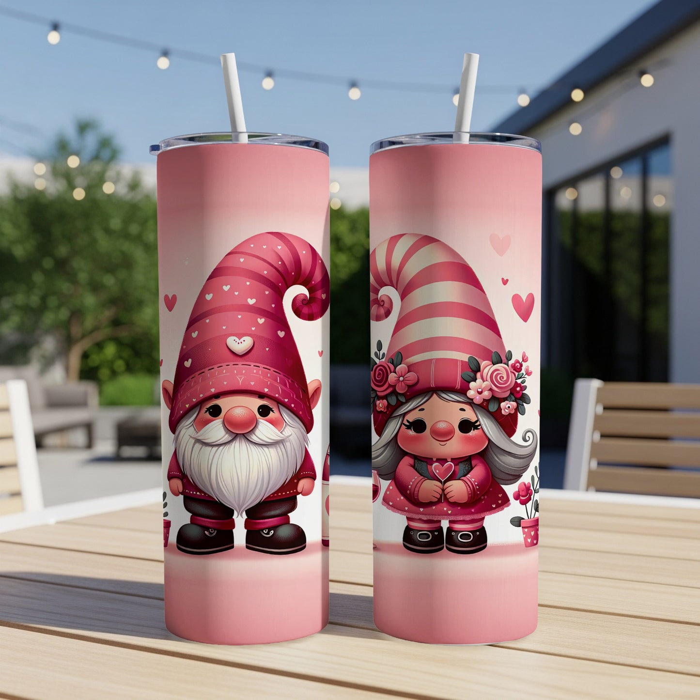 Two Valentine's Day gnomes, one male, one female, on pink tumblers.