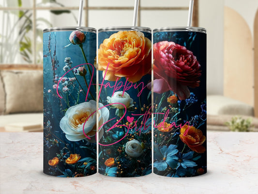 Tumbler with vibrant floral design and "Happy Birthday" text.
