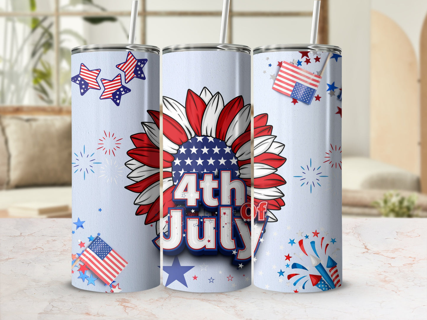 Fourth of July themed tumbler with stars, flags, and fireworks.