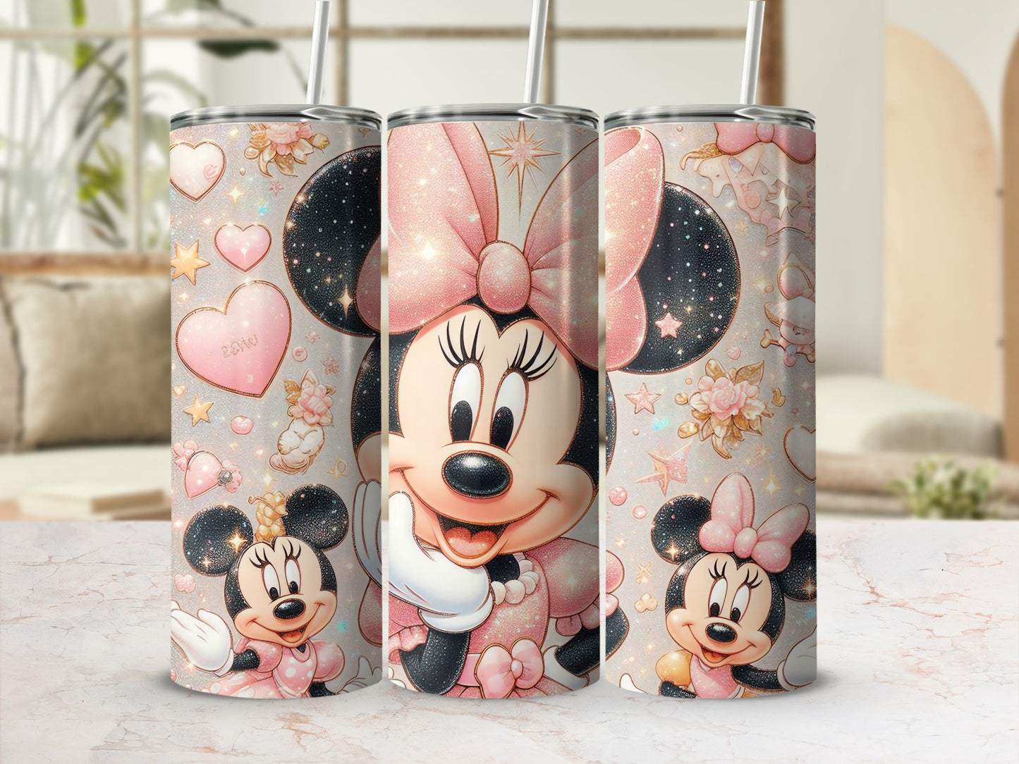 Minnie Mouse Tumbler with Cute Pink Hearts Design