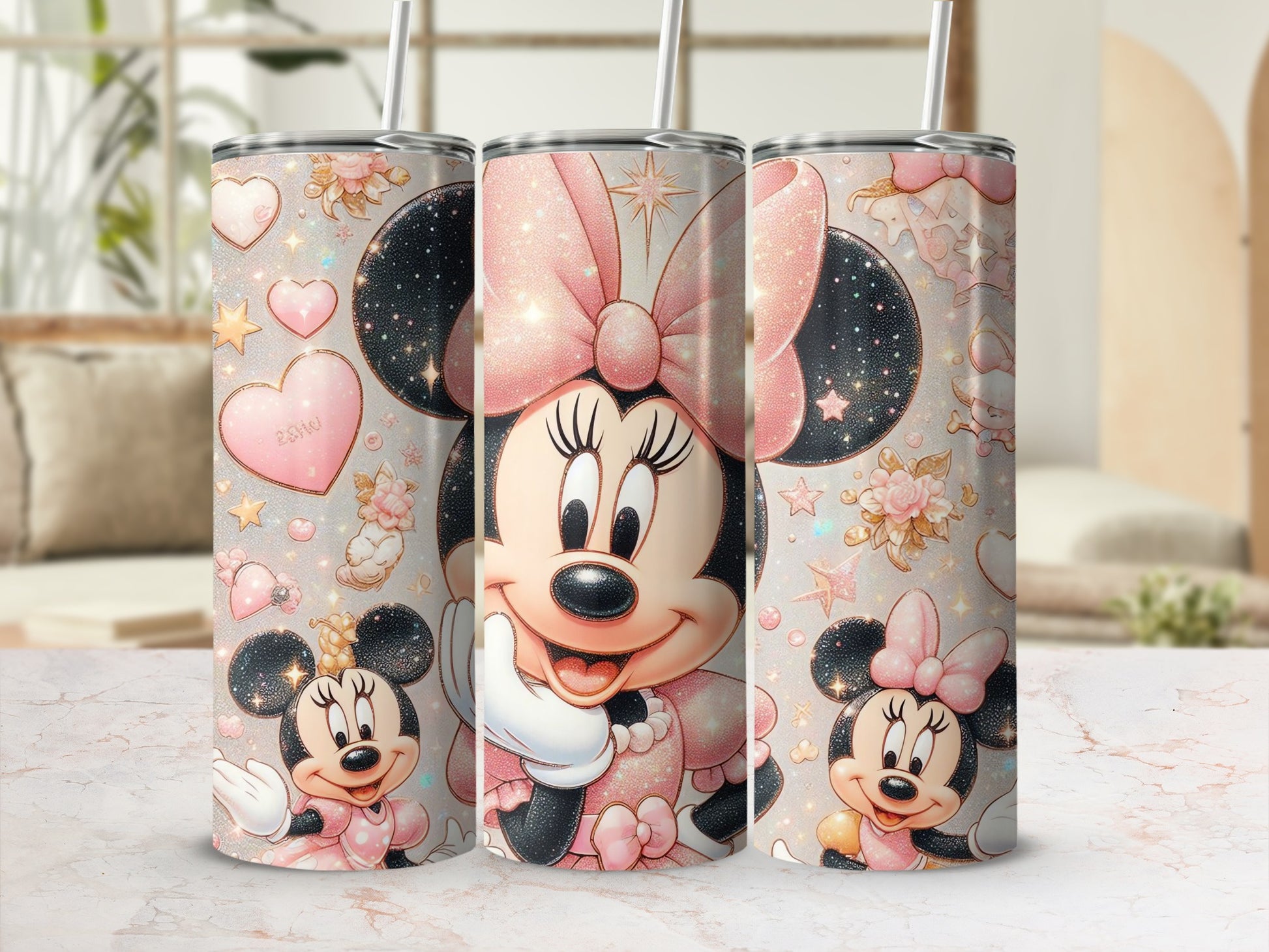 Minnie Mouse Tumbler with Cute Pink Hearts Design