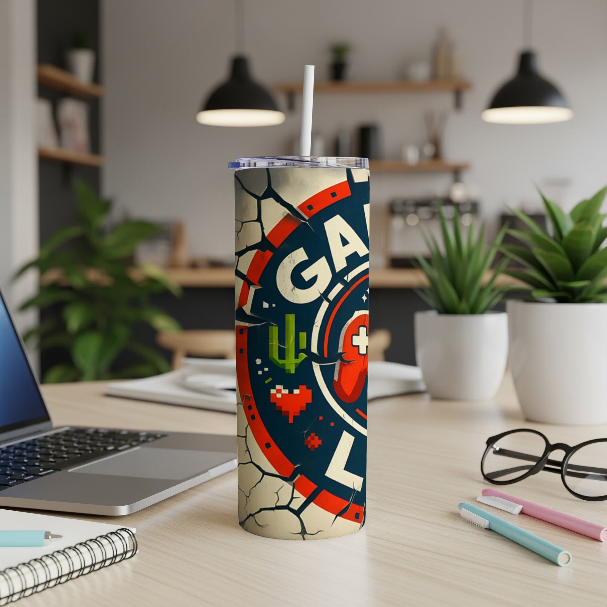 Gaming-themed tumbler with pixelated cactus and heart graphic.