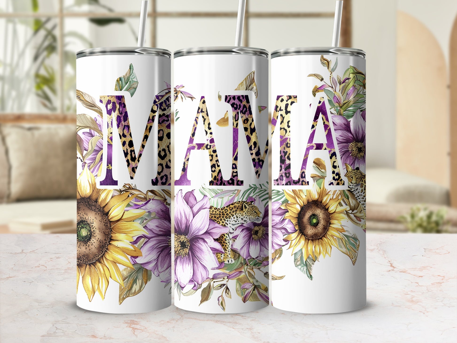 Leopard Print MAMA Sunflower and Floral Tumbler Cup