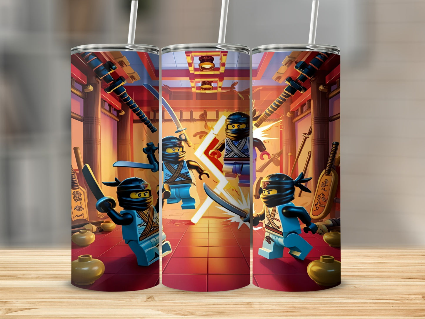 Three Lego Ninjago characters fighting in a traditional dojo setting.