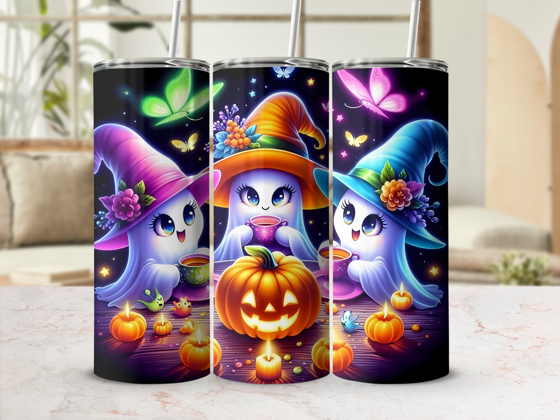 Three tumblers with cute ghosts wearing witch hats, holding coffee, surrounded by pumpkins and butterflies.