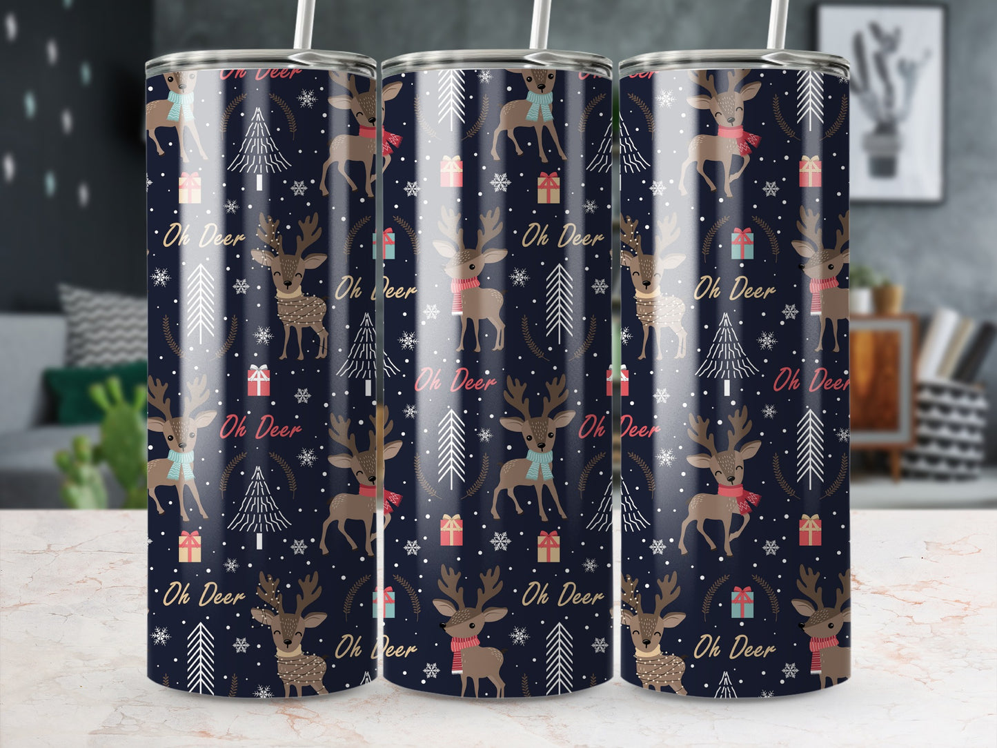 Tumbler with "Oh Deer" text and repeating reindeer, snowflake, and gift pattern.