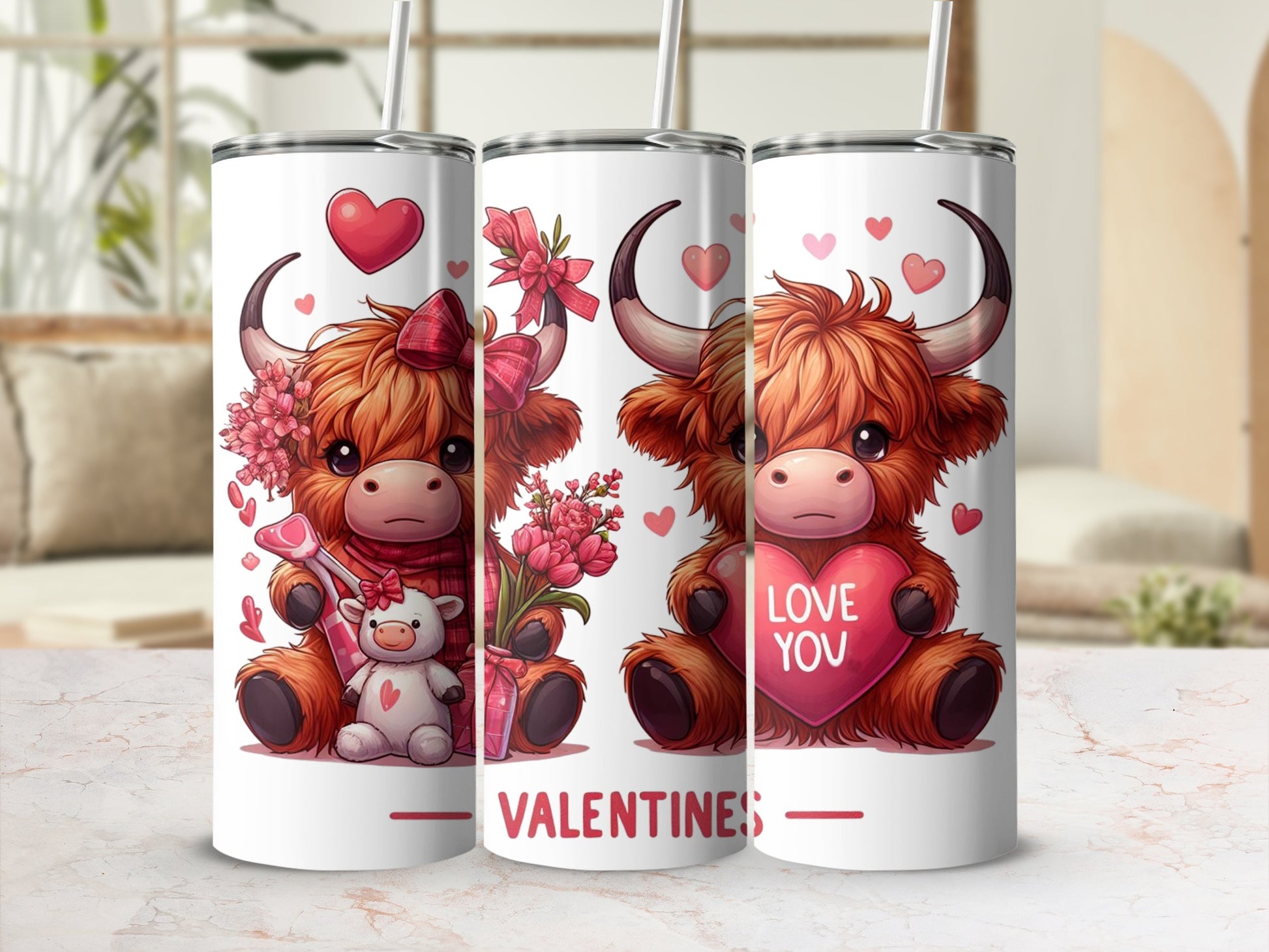 Fluffy cow with Valentine's bouquet and heart, "VALENTINES" text.