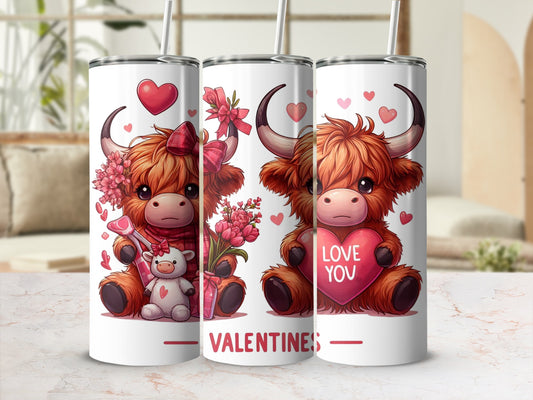Fluffy cow with Valentine's bouquet and heart, "VALENTINES" text.
