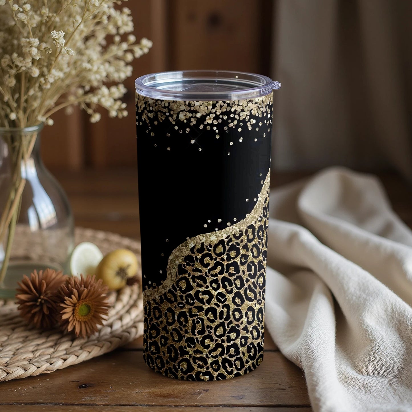 Black and Gold Leopard Tumbler with Sparkle Design