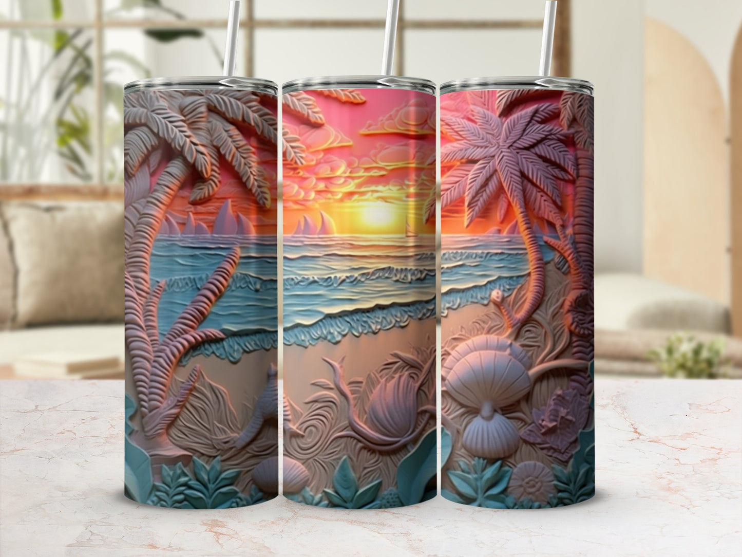 Three tumblers featuring a tropical sunset beach scene with palm trees and shells.