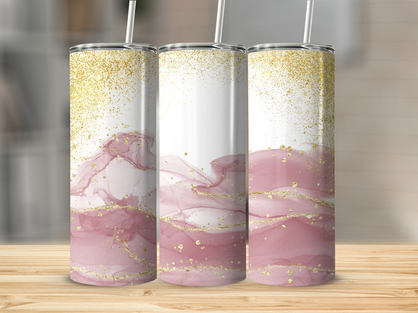 Pink and Gold Glitter Splash Tumbler with Straw