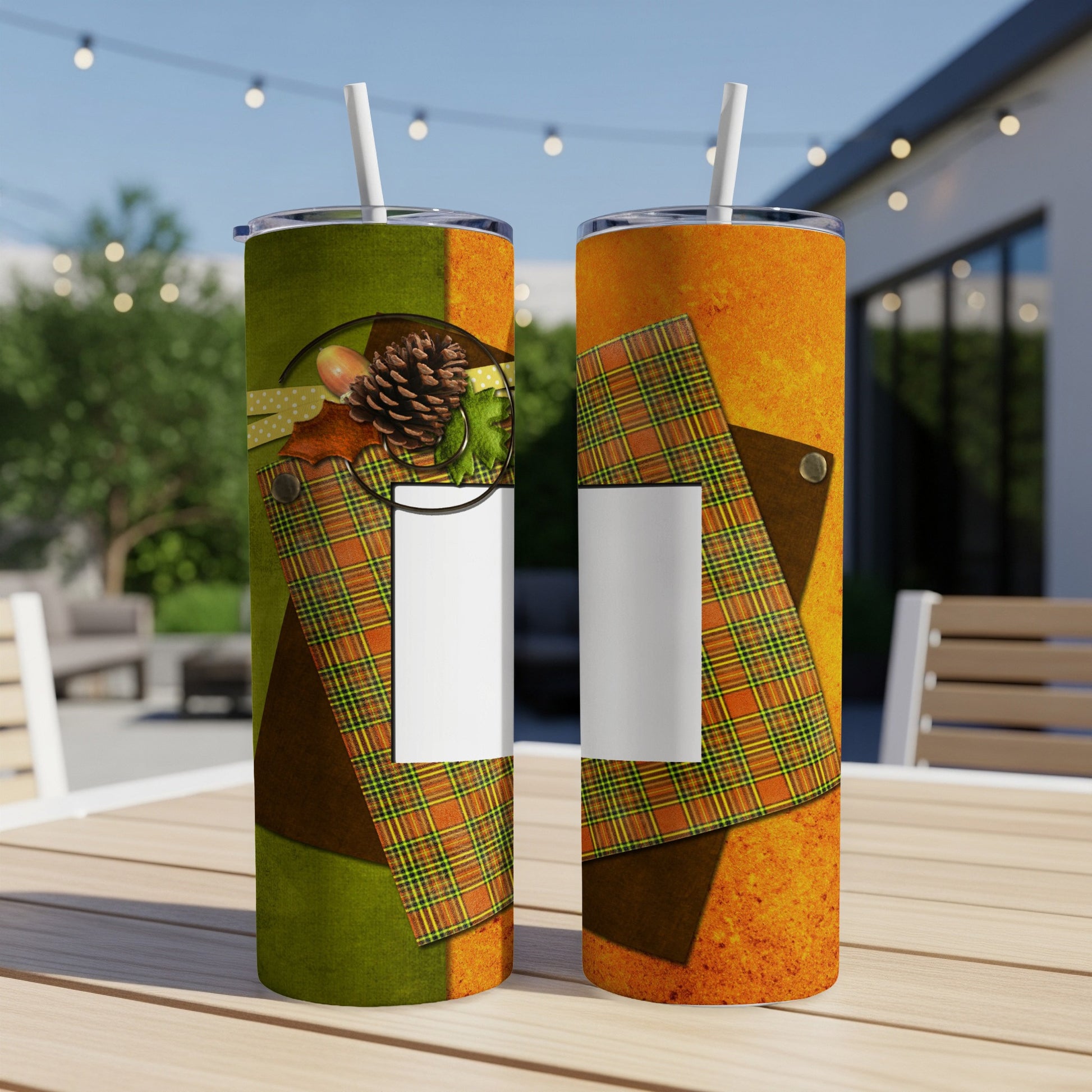Two tumblers with plaid and wood grain patterns displayed outdoors.