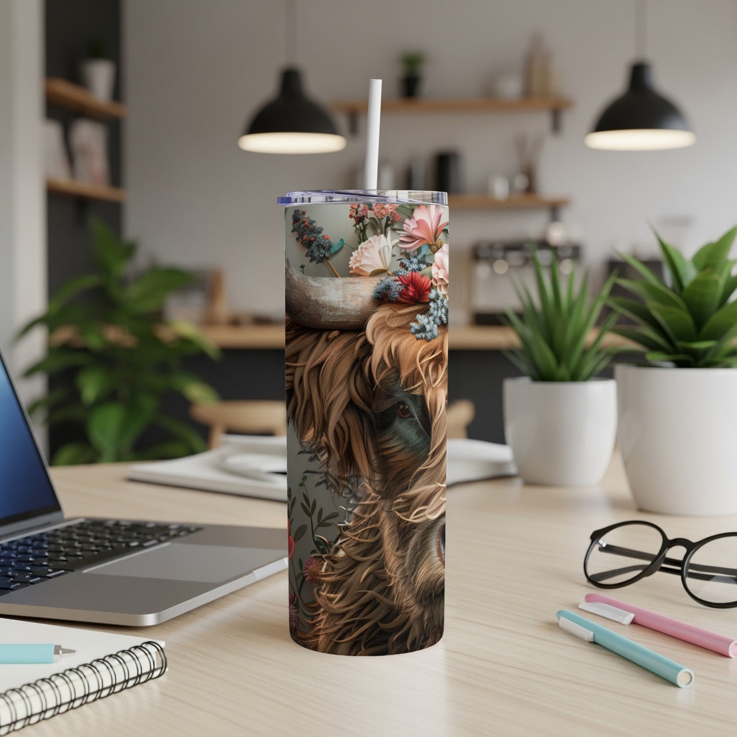 Tall tumbler with a close-up floral pattern and a dog's face.