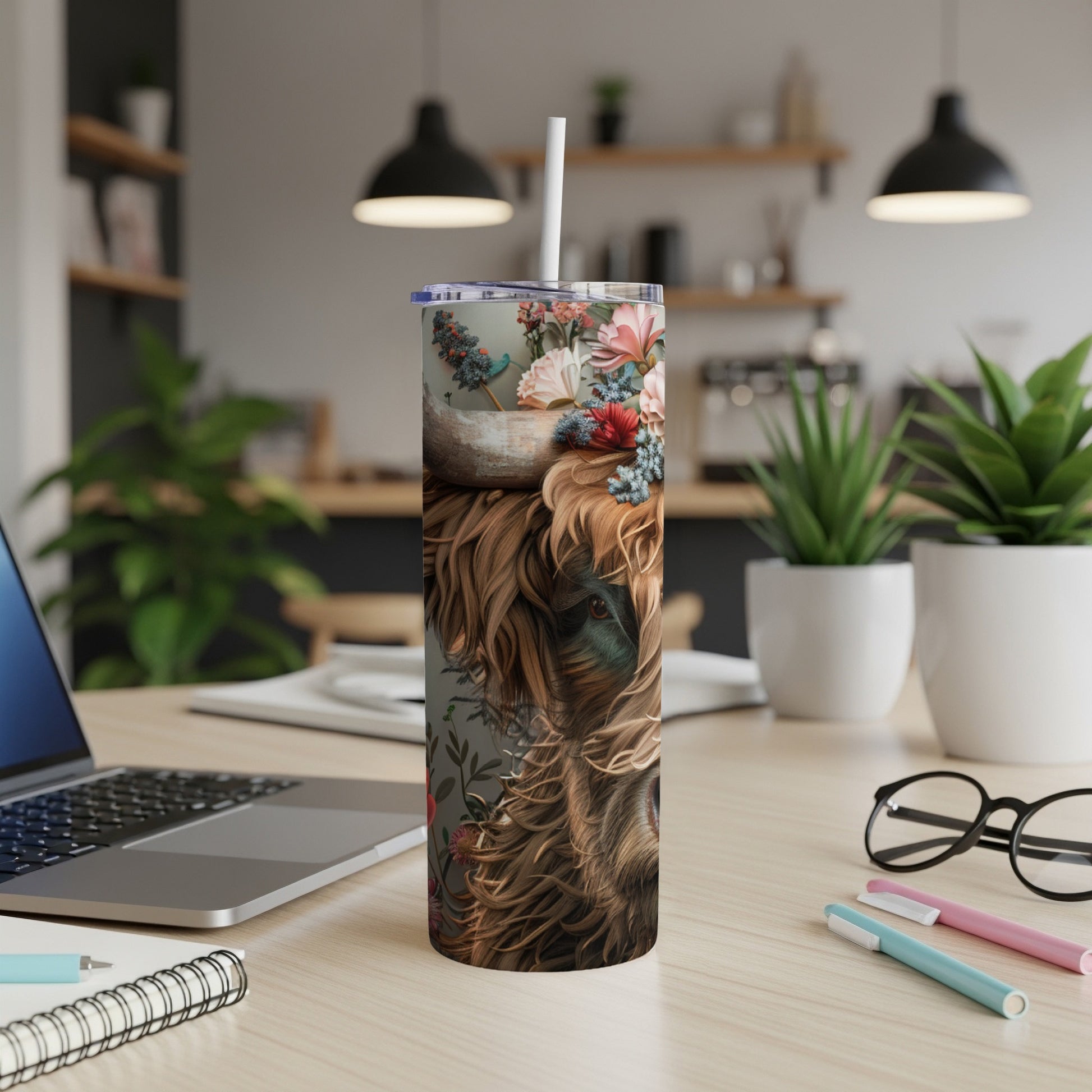 Tall tumbler with a close-up floral pattern and a dog's face.